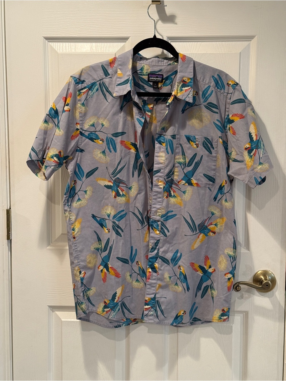 Patagonia Men’s Purple Short-Sleeve Parrot Tropical Print Button-up Shirt